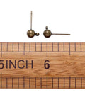 Antique Bronze Brass Round Ball Post Stud Earrings With Loop For Dangle Jewelry Making 100 Pcs Nickel Free 5mm Ball Size 16mm Long 1mm Pin 1mm Hole Solid And Versatile Craft Findings, shown with ruler
