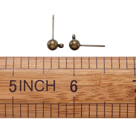 Antique Bronze Brass Round Ball Post Stud Earrings With Loop For Dangle Jewelry Making 100 Pcs Nickel Free 5mm Ball Size 16mm Long 1mm Pin 1mm Hole Solid And Versatile Craft Findings, shown with ruler