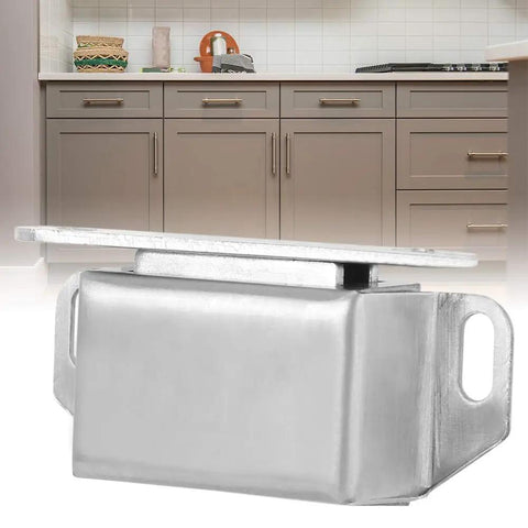 Magnetic Door Catch Stainless Steel 5 Pack For Bathroom And Kitchen Cabinets in front of modern gray kitchen cabinets.