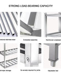 Heavy Duty Stainless Steel Shelving Unit Rock Solid Workhorse For Kitchen Garage Commercial Storage Adjustable Four Tier Metal Rack close-up of thickened stainless steel components and structure details.