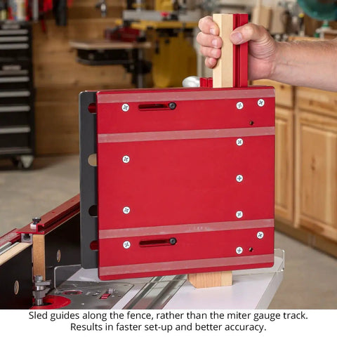 Person holding Iron Grip Coping Sled For Router Table With Upgraded Stiffer Base And Large Fence Guide Precision Woodworking Tool