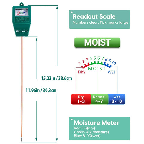 Almost 12 Inch Long Probe Soil Moisture Meter For House Plants And Outdoor Pots with scale and moisture levels.
