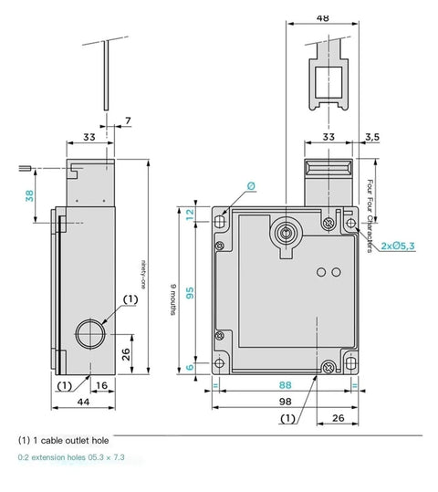 Rock Solid Industrial Safety Door Switch With Solenoid Guard Lock And Hardcore Interlock System Built For Heavy Use dimensions and specifications diagram.