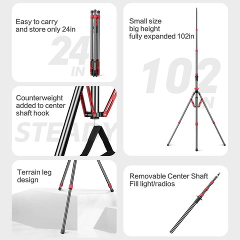 Pro Grade Aluminum Light Stand and Tripod for Photography Adjustable 24 to 102 Inches Studio Ready with terrain leg design