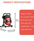 Get The Job Done Fast With This 50 Ft Electric Drain Cleaner And Auto Feed Sewer Snake showing product specifications and dimensions.
