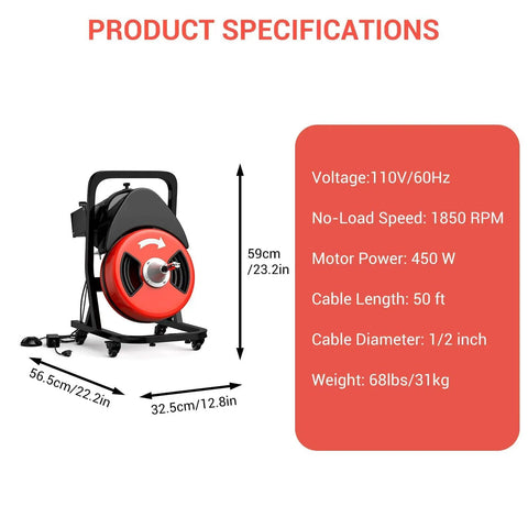 Get The Job Done Fast With This 50 Ft Electric Drain Cleaner And Auto Feed Sewer Snake showing product specifications and dimensions.