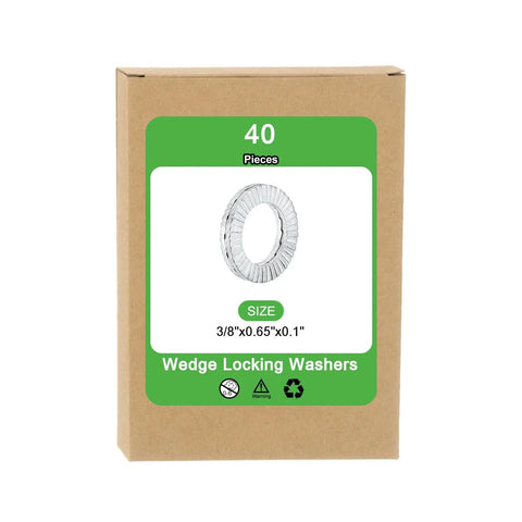 Tough As Nails 40 Pack Wedge Locking Washers For 3/8 Inch Bolts in a box showing washer size 3/8"x0.65"x0.1".
