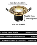 Slick 12 Pack 7W LED Dimmable Recessed Ceiling Lights With Vintage Brass Grille Finish Perfect For Bedrooms And Commercial Spaces Quick Easy Bronze Trim dimmable light with antique copper finish and dimensions.