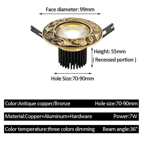 Slick 12 Pack 7W LED Dimmable Recessed Ceiling Lights With Vintage Brass Grille Finish Perfect For Bedrooms And Commercial Spaces Quick Easy Bronze Trim dimmable light with antique copper finish and dimensions.