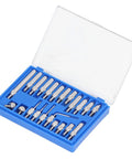 Open blue case with 22-piece Threaded Point Tip Set For Dial Indicators, featuring carbide probe end tips for accurate measurements.