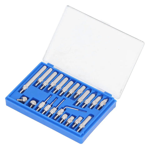 Open blue case with 22-piece Threaded Point Tip Set For Dial Indicators, featuring carbide probe end tips for accurate measurements.