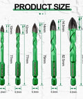 Front view of KURSTOL six-piece green masonry diamond drill bit set for concrete, brick, ceramic tile; carbide tips