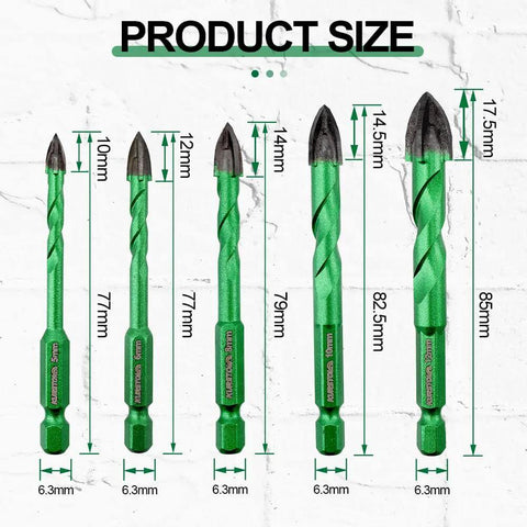 Front view of KURSTOL six-piece green masonry diamond drill bit set for concrete, brick, ceramic tile; carbide tips