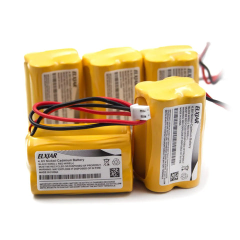10 Pack 4.8 Volt 800mAh NiCd Battery Replacement for Emergency Exit Lighting Systems, yellow casing, are visible in close-up.