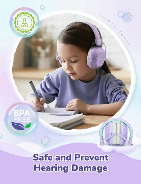 Girl wearing Noise Canceling Headphones For Kids And Adults With 29dB SNR Safety Hearing Protection, writing at desk