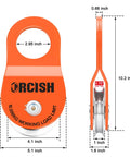10 Ton Snatch Block and Tackle Pulley System Delivers 22,000 Lbs Capacity, orange steel with measurements, for offroad recovery