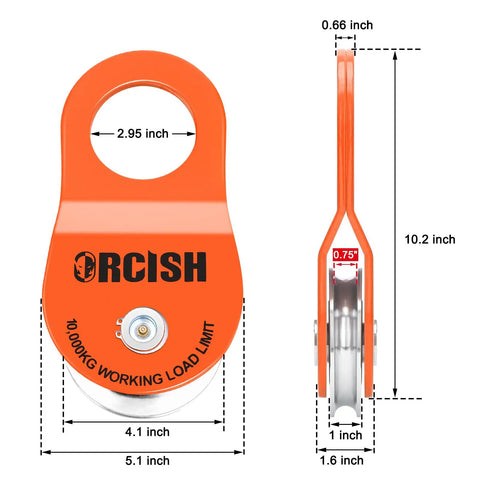 10 Ton Snatch Block and Tackle Pulley System Delivers 22,000 Lbs Capacity, orange steel with measurements, for offroad recovery