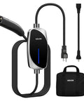 Tesla Level 1 2 Portable EV Charger 16 Amp With 25 Ft Cable Led Indicator shows portable charger with adapter and carrying bag.