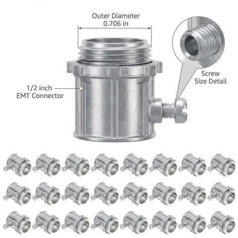 Heavy Duty 1/2 Inch Emt Set Screw Connectors Zinc Die Cast Electrical Conduit Fittings 25 Pack with close-up detail.