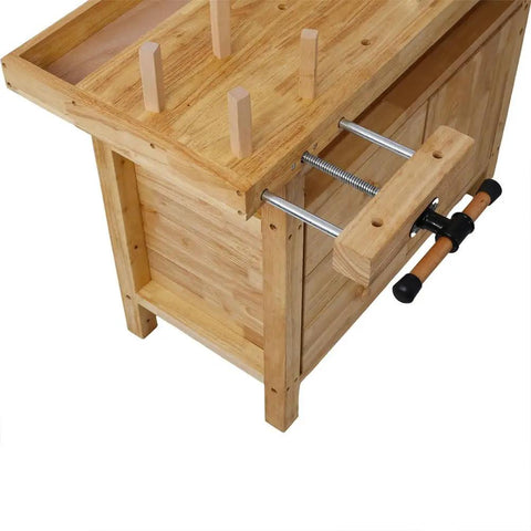 55 Inch Heavy Duty Rubber Wood Workbench With 3 Drawers Storage Cabinet Tool Well And Adjustable Vise shown from top side angle