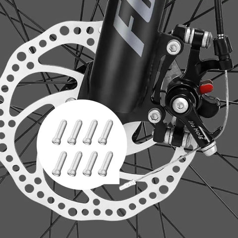 Close-up of brake disc with inset of 50 Pack Bike Cable End Caps And Brake Cable Ends Aluminum Alloy Crimps for road and mountain bikes