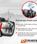 Rugcel 12000 Lb Waterproof Electric Winch With Synthetic Rope And Haws Fairlead Black showing pull-up type clutch control mechanism.