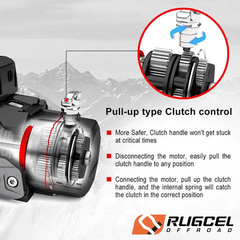Rugcel 12000 Lb Waterproof Electric Winch With Synthetic Rope And Haws Fairlead Black showing pull-up type clutch control mechanism.