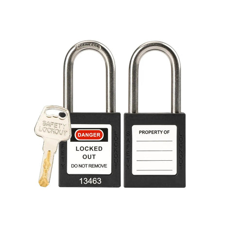 Five Black Lockout Tagout Locks Keyed Alike OSHA Compliant Safety Padlocks for LOTO Kits shown with keys and danger labels.