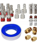 Super Quick Connect Air Coupler Kit For Compressor Tools With Premium Brass And Steel Pneumatic Fitting Set In 1/4 Inch NPT Size For Garage Auto Shop Use To Maximize Workflow Efficiency Today, brass and steel fittings shown