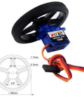 FS90R micro continuous-rotation servo (2-pack) front view with blue translucent housing, wheel, and 3-wire lead