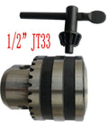 Kickass Heavy Duty Drill Press Chuck 1/32 To 1/2 Inch JT33 Taper Mount with Key, showing secure grip design and tooling swap feature.