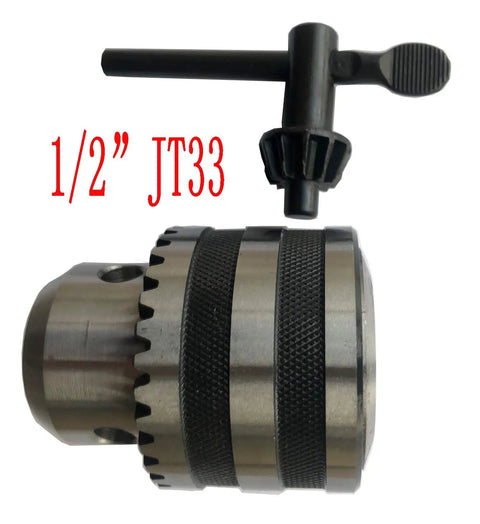 Kickass Heavy Duty Drill Press Chuck 1/32 To 1/2 Inch JT33 Taper Mount with Key, showing secure grip design and tooling swap feature.