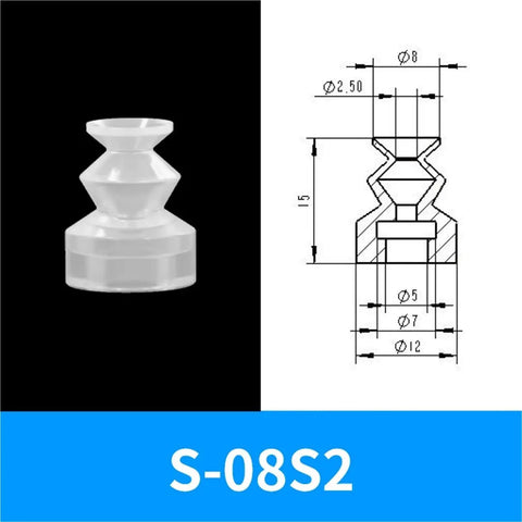 Star Industrial Vacuum Rubber Suction Cup Chuck, S-08S2 Series, detailed view with dimensions for pneumatic manipulator automation.