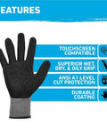 Precision Nitrile Coated Work Gloves With Grippy Ultra Tough Grip For Wet, Dry, And Oily Conditions, ANSI A1 Cut Resistant, Touchscreen