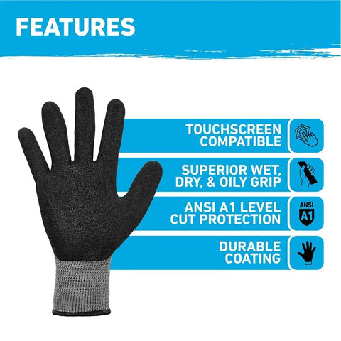 Precision Nitrile Coated Work Gloves With Grippy Ultra Tough Grip For Wet, Dry, And Oily Conditions, ANSI A1 Cut Resistant, Touchscreen