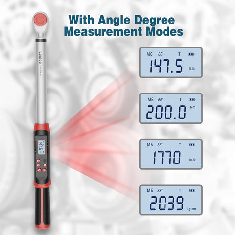 Pro Grade Half Inch Digital Torque Wrench With Angle And Preset Memory displayed with digital readout screens