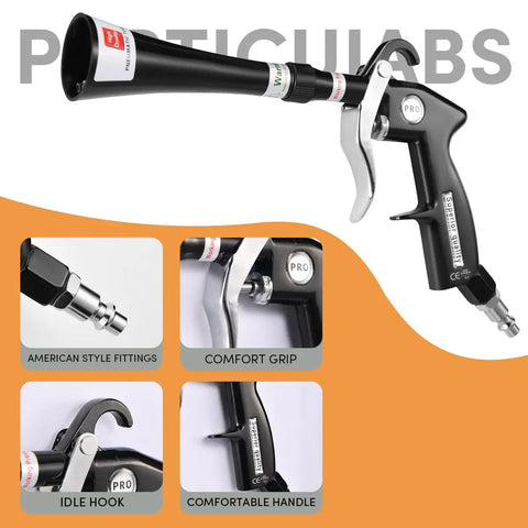 Beast Pro Grade High Pressure Air Blow Gun for Car Detailing with brass nozzle, ergonomic grip, and adapter details displayed.