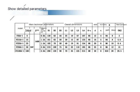 Table showing parameter details for Single Shaft Magnetic Powder Brake With 25 N m Torque And DC 24 V Tension Controller For Coating Lines