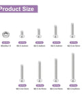 Premium 304 Stainless Steel Phillips Pan Head Machine Screws Assortment 300 Pcs showing 8 sizes of M2 fasteners including nuts.