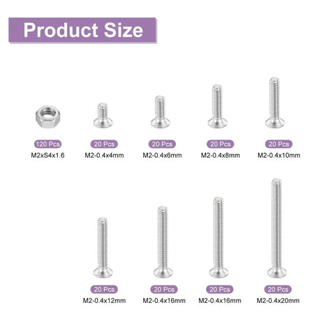 Premium 304 Stainless Steel Phillips Pan Head Machine Screws Assortment 300 Pcs showing 8 sizes of M2 fasteners including nuts.