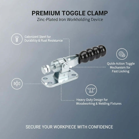 Fast Action Toggle Clamp With One Motion Lock, zinc-plated iron workholding tool shown with labeling for woodworking and metalworking use