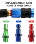 Heavy Duty Polyurethane Coiled Air Hose 1/4 X 25 Ft Self Retracting Spring Design With Quick Connect Coupler And Emissions Plug Kit Built Tough Air Compressor Shop Rig Ready Purple showing three types of plugs.