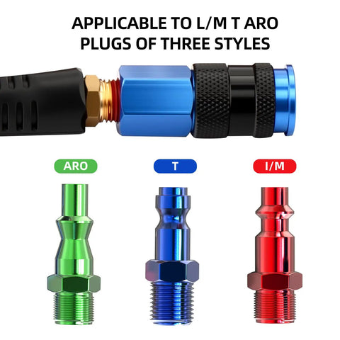 Heavy Duty Polyurethane Coiled Air Hose 1/4 X 25 Ft Self Retracting Spring Design With Quick Connect Coupler And Emissions Plug Kit Built Tough Air Compressor Shop Rig Ready Purple showing three types of plugs.