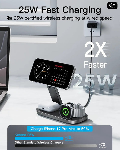 3 In 1 Wireless Charging Stand With Qi2 25W Fast Charge Foldable MagSafe Dock For iPhone 17 Series And Earlier, Apple Watch And AirPods Charger displayed on desk