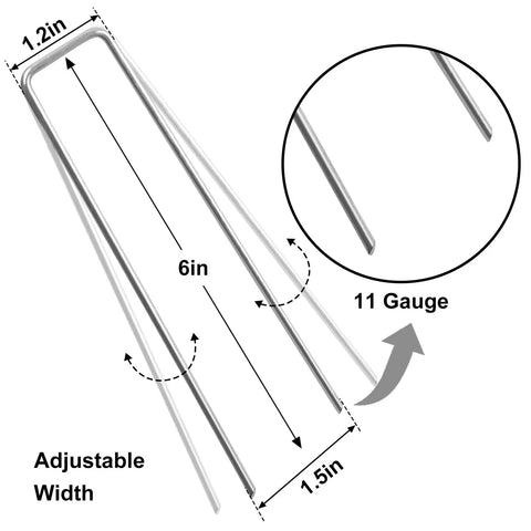 120 Pack 6 Inch Galvanized U Shaped Garden Stakes 11 Gauge Rust Proof Ground Stakes dimensions and gauge detail