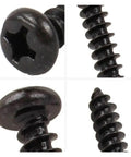 Rust Resistant Round Head Self Tapping Screws With Phillips Cross Drive High Strength Carbon Steel Miniature Fasteners For Electronics And Badass DIY Repairs Straight Up Built Like A Tank For Long Lasting Use close-up of oxidized black screws showcasing head and threads.