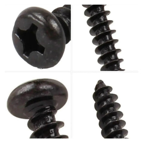 Rust Resistant Round Head Self Tapping Screws With Phillips Cross Drive High Strength Carbon Steel Miniature Fasteners For Electronics And Badass DIY Repairs Straight Up Built Like A Tank For Long Lasting Use close-up of oxidized black screws showcasing head and threads.