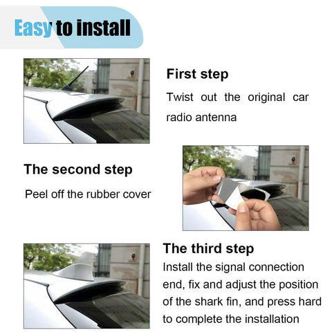 Installation steps for Shark Fin Antenna Cover Universal Roof Aerial With Adhesive Tape For Cars Trucks SUVs Silver Plastic Exterior Decor Easy Install, Slick Signal Booster, Fits Slightly Curved Or Flat Surfaces, Car Truck SUV Compatible.