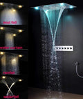 Straight Up Premium Recessed LED Ceiling Rainfall Shower System With Handheld Spray And Heavy Duty Stainless Steel Antique Brass Finish For Your Modern Bath Setup showcasing mist fall, water curtain, rainfall, and waterfall modes.