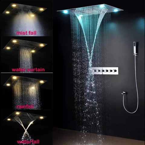 Straight Up Premium Recessed LED Ceiling Rainfall Shower System With Handheld Spray And Heavy Duty Stainless Steel Antique Brass Finish For Your Modern Bath Setup showcasing mist fall, water curtain, rainfall, and waterfall modes.